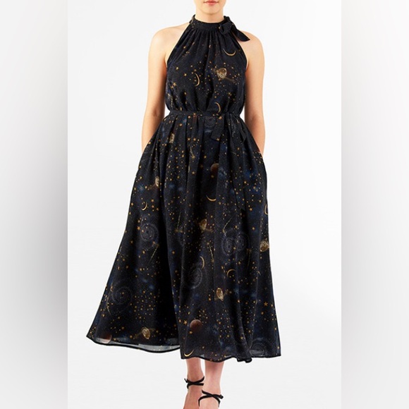 eShakti Black and Gold Starry Midi Dress - Picture 1 of 11